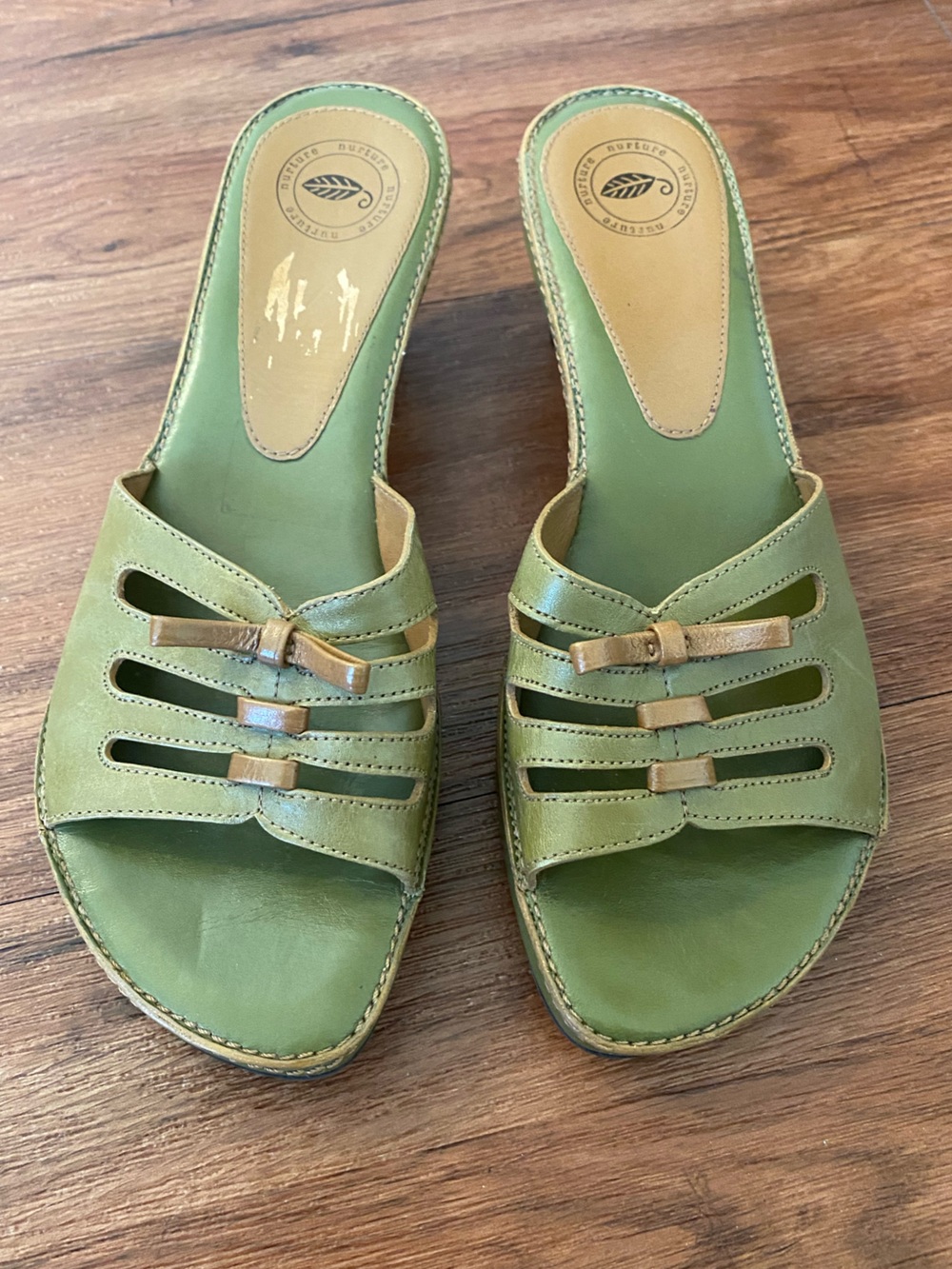 Nurture by Lamaze Green Leather Slide Mules with Tan Accents